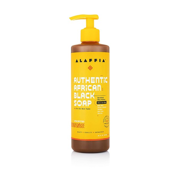 Alaffia Authentic African Black Soap All-in-One, Unscented, 16 Oz. Body Wash, Facial Cleanser, Shampoo, Shaving, Hand Soap. Perfect for All Skin Types. Fair Trade, No Parabens, Cruelty Free, Vegan