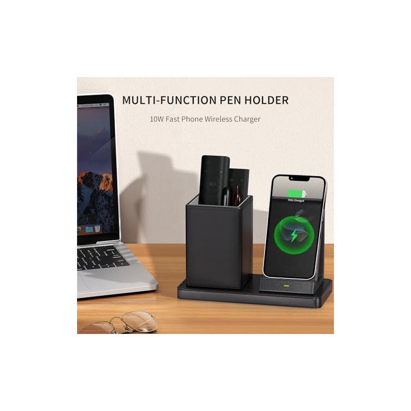 Multi-Functional Vegan Leather Desk Organizer with Wireless Charger