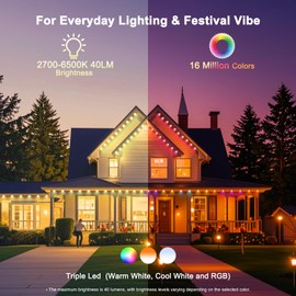 Greatfine Permanent Outdoor Lights Pro, 100ft with 72 Triple-LED RGBCW Lights with Multi-Angle Mounting Bracket for Daily&Holiday, Permanent Christmas Lights Outdoor, IP67 Waterproof, Works with Alexa