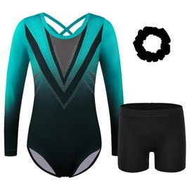 BAOHULU Gymnastics Leotards for Girls Long Sleeve Sparkly Red White Blue Stars Dance Outfit with Matching Shorts Set US_KHB380_BlackGreen_12A