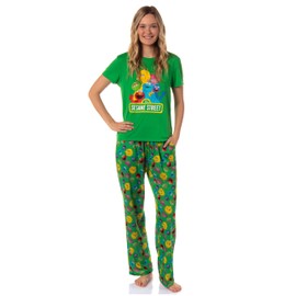 Sesame Street Women's Elmo And Friends Cookie Monster Distressed Print Sleep Pajama Set (XX-Large) Green