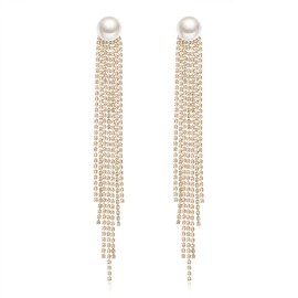 Clearine Women's Tassel Austrian Crystal Long Chain Simulated Pearl Linear Drop Chandelier Dangle Earrings for Wedding Bridal Clear Gold Tone, Crystal Crystal Simulated Pearl