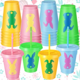 Suttmin 24 Pcs Easter Cups Bulk with Straw and Lid 16 Oz Reusable Plastic Bunny Cups Rabbit Cups for Wedding Anniversary Easter Party Supplies