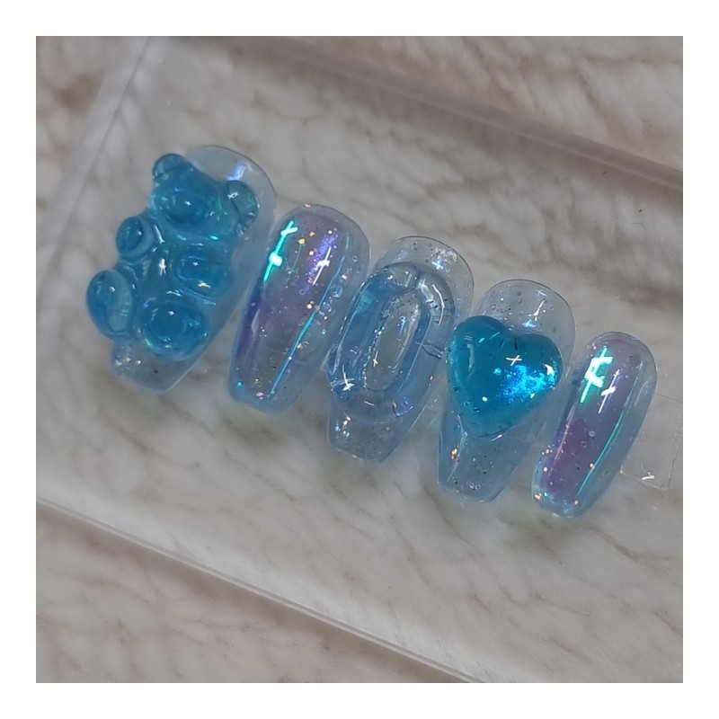 Transparent Blue Tangle Bear UruUru Handmade Nail Tip - Transparent