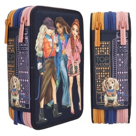 Depesche 12560 TOPModel City Girls Filled 3-Compartment Pencil Case Printed with a Skyline Motif, Pencil Case with Coloured Pencils, Ruler, Scissors and Much More