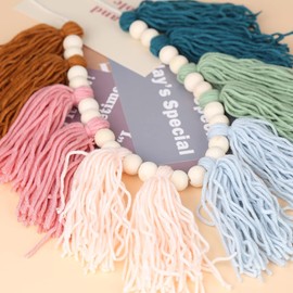 Colorful Tassel Garland Boho Tassel Garland with Wood Beads Macrame Woven Tassel Garland Banner Wall Hangings Decorative for Kids Bedroom Nursery Party Holiday Classroom Decoration (C)