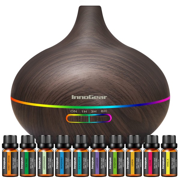 InnoGear Aromatherapy Diffuser & 10 Essential Oils Set, 400ml Diffuser Ultrasonic Diffuser Cool Mist Humidifier with 4 Timers 7 Colors Light Waterless Auto Off for Large Room Office, Dark Wood Grain