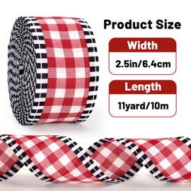 KINGLAKE Red White Black Wired Ribbon – 2.5 Inch x 11 Yards Red and White Gingham Burlap Ribbon with Black Edges for Crafts, Gift Wrapping, Wreaths and Christmas Decoration