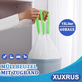 XUXRUS Bin Liners 15 L Bin Bags with Drawstring White Bin Bags Pack of 60 Carry Handle Bin Bags