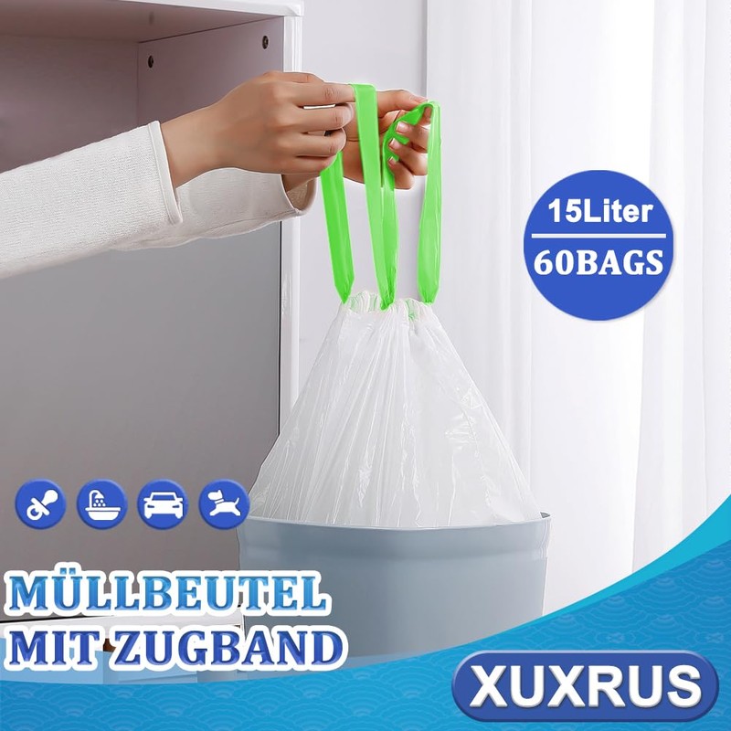 XUXRUS Bin Liners 15 L Bin Bags with Drawstring White