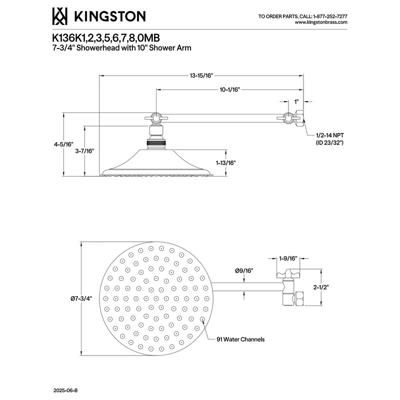 Kingston Brass K136K6 Shower Scape 7-3/4-Inch Round Raindrop Brass Shower