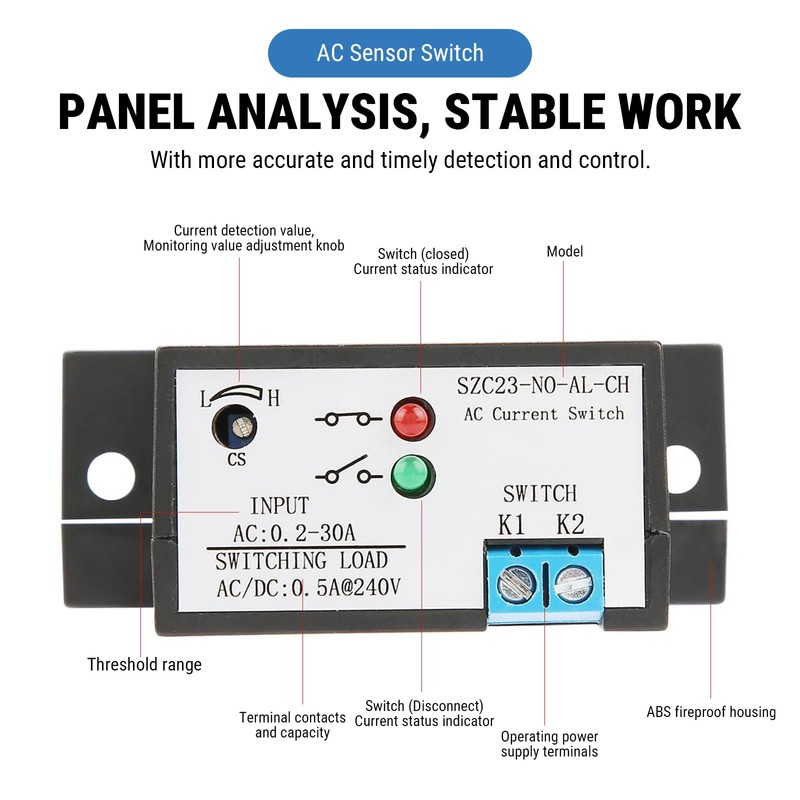 TICFOX SZC23-NO AL-CH Current Sensing Switch，Adjustable 0.2-30A AC Normally Open