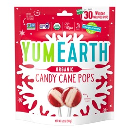 YumEarth Organic Candy Cane Lollipops - Individually Wrapped Peppermint Pops - Dye Free, Allergy Friendly, Non GMO, Gluten Free, Vegan - 30 Count (Pack of 1)