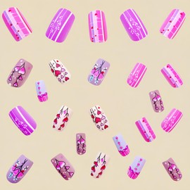 Valentines Day Press On Nails Short Square Heart Fake Nails Pink Acrylic Nails Press Ons Full Cover False Nails With Heart Designs Valentines Glue On Nails Stick On Nails For Women Girls