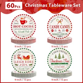 Grencian 60Pcs Christmas Farmhouse Paper Plates 9" Disposable Heavy Duty Xmas Tree Candy Canes Dessert Paper Plates Vintage Rustic Tableware Set for Christmas Winter Holiday Party Decorations