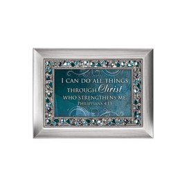 Cottage Garden Can Do All Things Through Christ Brushed Silvertone Jewelry Music Box Plays Amazing Grace