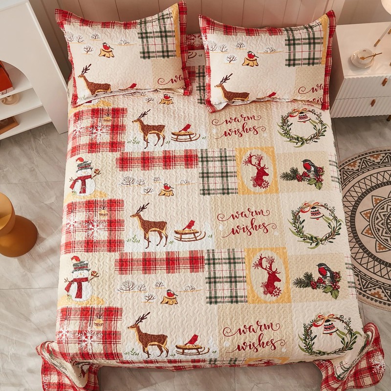 MarCielo Christmas Quilt Set Bedspread Set B021(Queen),Red