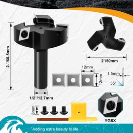 CNC Spoilboard Surfacing Router Bit,1/2 inch (12.7mm) Shank 2 inch (50mm) Cutting Diameter, EXFEIN Slab Flattening Router Bit Planing Bit Wood Milling Cutter Planer Woodworking Tool