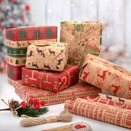 Yesaler Wrapping Paper Christmas Recyclable Christmas Wrapping Paper in 6 Classic Christmas Patterns Kraft Gift Paper 50 x 70 cm