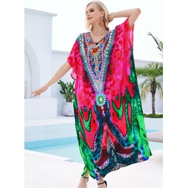 cthseie Plus Size Kaftan Dresses for Women 2025 Tropical Beach Cover Ups Swimwear Lightweight Caftans for Vacation Dress Hot Pink Blue