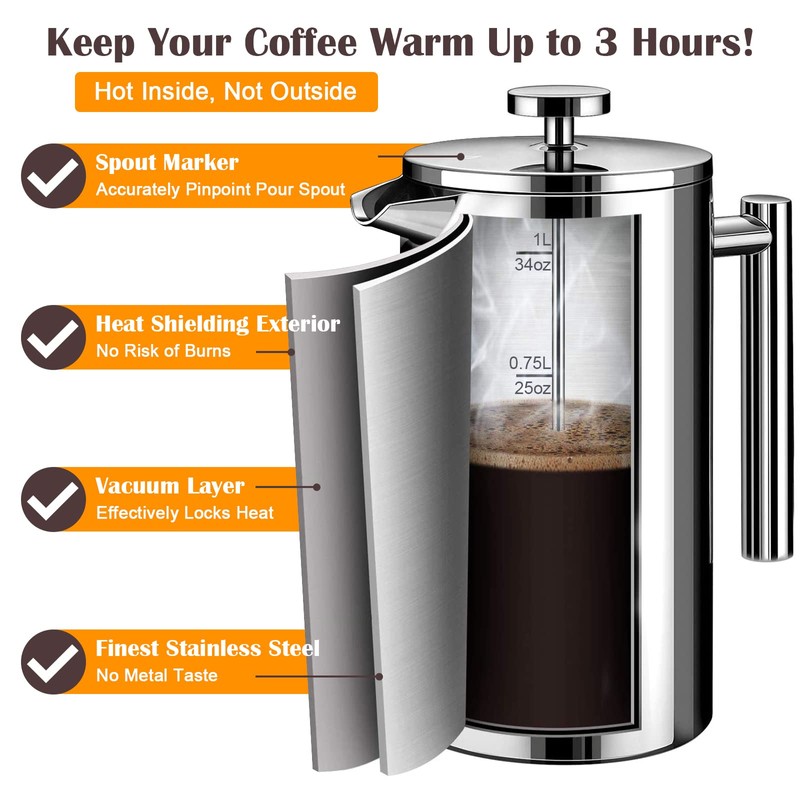 French Press Coffee Maker, Double Insulated 304 Stainless Steel Coffee