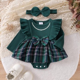 My First Christmas Baby Girl Outfit Newborn Velvet Ruffle Romper Dress Infant Bodysuit Cute Fall Winter Clothes (F Plaid Green,3-6 Months)