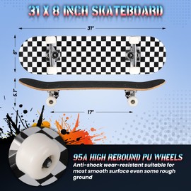 Anyfun ANYFUN Pro Complete Skateboards for Beginners Girls Boys Kids Youths Teens Adults 31"x8" Skate Boards 7 Layers Canadian Maple Double Kick Deck Concave Longboard (Checkerboard)