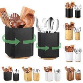 SiliFine 2 Pack Wooden Utensil Holder, 360°Rotating Kitchen Cooking Utensil Crock, Spoon Spatula Holder for Kitchen Counter, Farmhouse Countertop Organizer(Black,Square)