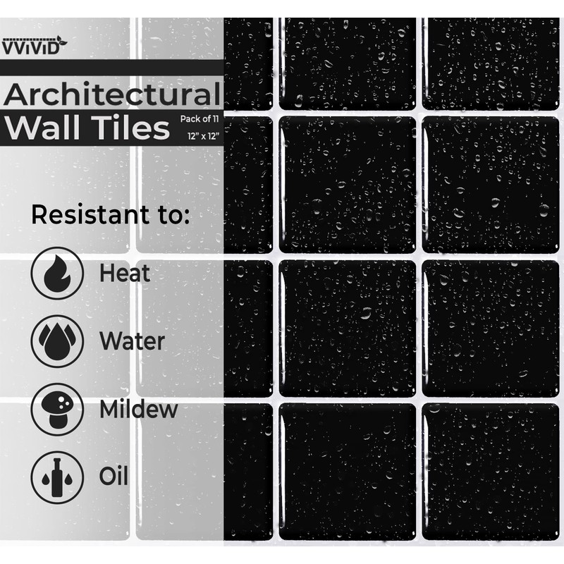 VViViD 11 Sheets Peel and Stick Black Gloss Faux Ceramic