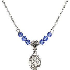 Bonyak Jewelry 18 Inch Rhodium Plated Necklace w/ 4mm Blue September Birth Month Stone Beads and Saint Sebastian/Basketball