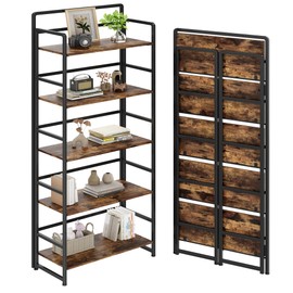 THKKY No Assembly Folding Bookshelf, 5 Tiers Collapsible Book Shelf for Home Office, Vintage Wood Foldable Bookcase Storage Organizer for Living Room Bedroom (Rustic Brown)