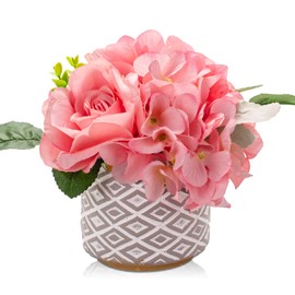 DILATATA Artificial Potted Flower Shabby Shic Decoration Artificial Flowers Roses Hydrangeas Arrangements with Vase for Home Decor Artificial Flowers in Vase Farmhouse Decor Pink Faux Flowers in Vase