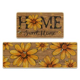 Tayney Summer Sunflower Bee Kitchen Rugs and Mats Non Skid Washable Set of 2, Brown Wooden Mats for Floor, Farmhouse Runner Rug Rustic Kitchen Decor