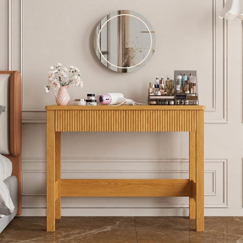 Fluted Light Oak Desk with 2 Drawers - 39 Inch