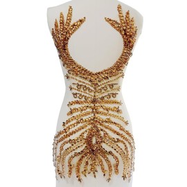 PLune Large Size Handmade Rhinestones lace Trim Patches sew on Beads Appliques for Wedding Party Evening Dress Accessories 26X14inches (Champagne Back)