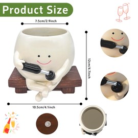 ChilArt Smiley Face Planter Pot Red Wine Glass in Hand,Resin Succulent Pots with Drainage Hole,Funny planters for Indoor Plants,Gift for Mother's Day,Teacher's Day,Birthday