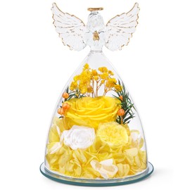 FIACO Gifts for Women Preserved Rose Forever Flower in Glass Angel Figurine Fresh Flowers for Delivery Prime Mothers Day Birthday Gifts for Mom Grandma Wife Sister Yellow