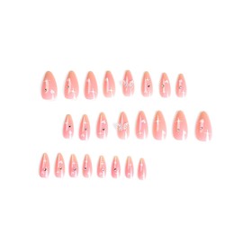 IMSOHOT Almond Press on Nails Pink Medium Fake Nails Stiletto Butterfly Rhinestone False Nails with Designs Glossy Full Cover Acrylic Nails Glue on Nails for Women 24pcs