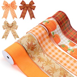 Blosssound Fall Ribbon Wired 2.5 Inch x 30 Yards Burlap Autumn Maple Leaves Pumpkin Buffalo Plaid Wired Edged Ribbons Set 5 Roll for Fall Thanksgiving Party Decor Wreath Bow Crafts(Orange,Harvest)