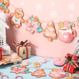 Weysat 2 Pack Wooden Gingerbread Theme Garland Banner Christmas Hanging Decorations Tree Ornaments Christmas Bunting Banner for Party Holiday Wall Decor Home Fireplace (Candy Style,Pastel Color)