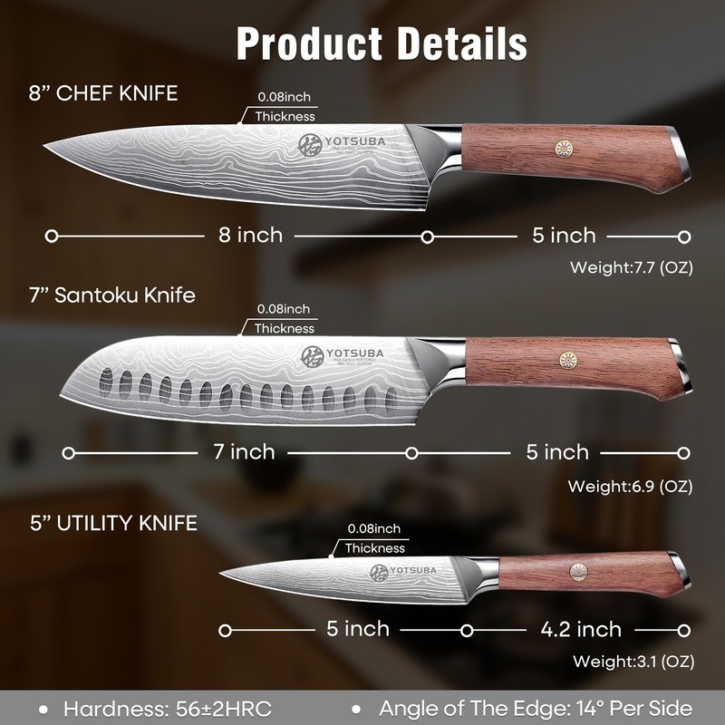 YOTSUBA Kitchen Knives Set 3 PCS, Ultra Sharp Chef Knife