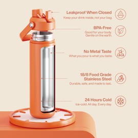 Insulated Water Bottle with Straw - Encool Stainless Steel Water Bottle, Leak-Proof, BPA-Free, Double Wall Vacuum Keeps Cold for 24 Hours for Sports, Travel, School (26 oz, Moderate Orange)