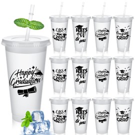 SiliFine 12 Set Graduation Plastic Cups with Lids and Straws, Class of 2024 Reusable Cups Bulk with Lids Graduation 2024 Plastic Tumblers for Congrats Grad Party Supplies Cold Drink, 24 oz