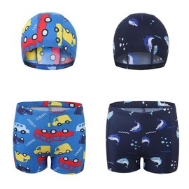 FedMois Boy Swim Set, 4 Pieces Set, 2 Swimming Shorts + 2 Swimming Caps, Sharks and Cars, 9-11 Years