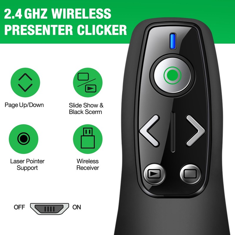 HELLCOOL Green USB C Presenter, 2.4 GHz Wireless PowerPoint Remote