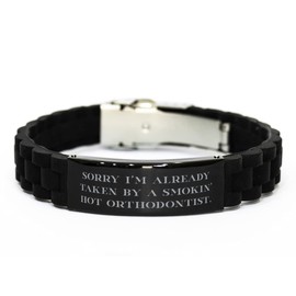 Funny Orthodontist Gifts, Sorry I'm Already Taken', Graduation Gifts, Black Glidelock Clasp Bracelet for Orthodontist from Boss, Braces, Smile, Dental Health, Toothbrush, Toothpaste, Floss