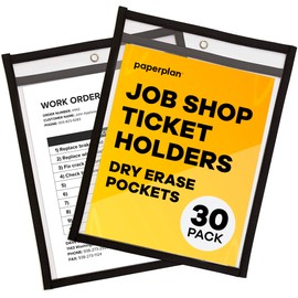 Job Ticket Holders 9x12 - (30 Pack), 8.5 x 11 Letter Size, Dry Erase Pockets, Clear & Black Plastic Sleeves - Reusable, Water-Resistant