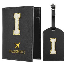 PATIKIL Passport Holder for Travel, Initial Passport Cover and Luggage Tag Set with Alphabet Chenille Letter Patch Travel Wallet Bag Suitcase Identifier for Women Family Travel Black I