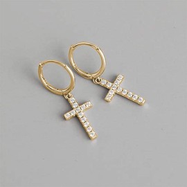 925 Sterling Silver Hoop Earrings with Pendant 14K Gold Plated I Earrings for Women, Girls and Women I Hoop Hanging with Stones and Cross gold