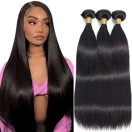 Hxxcoup Real Hair Wefts for Sewing Human Hair Bundles Sew-in Bundles Straight Natural Black Double Weft Extensions 18 20 22 Inches with Minimal Smell Minimal Tangle 100 g/pc for Women